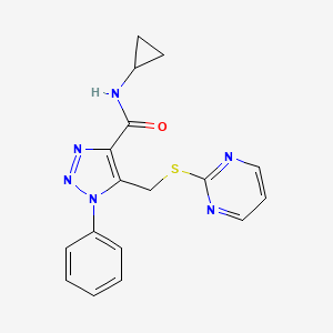 molecular formula C17H16N6OS B2489337 N-cyclopropyl-1-phenyl-5-((pyrimidin-2-ylthio)methyl)-1H-1,2,3-triazole-4-carboxamide CAS No. 1105242-17-8