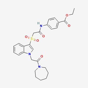 molecular formula C27H31N3O6S B2489341 ethyl 4-(2-((1-(2-(azepan-1-yl)-2-oxoethyl)-1H-indol-3-yl)sulfonyl)acetamido)benzoate CAS No. 878059-78-0