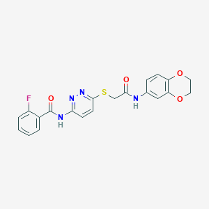 molecular formula C21H17FN4O4S B2489355 N-(6-((2-((2,3-dihydrobenzo[b][1,4]dioxin-6-yl)amino)-2-oxoethyl)thio)pyridazin-3-yl)-2-fluorobenzamide CAS No. 1021091-55-3