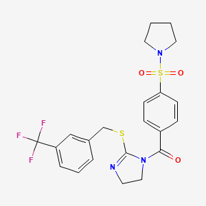 molecular formula C22H22F3N3O3S2 B2489385 (4-(pyrrolidin-1-ylsulfonyl)phenyl)(2-((3-(trifluoromethyl)benzyl)thio)-4,5-dihydro-1H-imidazol-1-yl)methanone CAS No. 851805-84-0