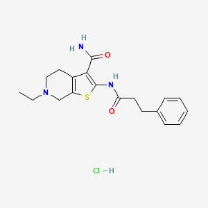 molecular formula C19H24ClN3O2S B2489406 6-Ethyl-2-(3-phenylpropanamido)-4,5,6,7-tetrahydrothieno[2,3-c]pyridine-3-carboxamide hydrochloride CAS No. 1216384-27-8