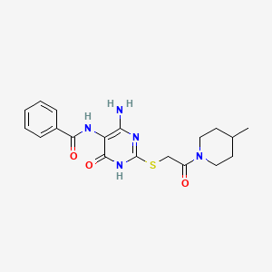 molecular formula C19H23N5O3S B2489412 N-[6-amino-2-[[2-(4-methyl-1-piperidinyl)-2-oxoethyl]thio]-4-oxo-1H-pyrimidin-5-yl]benzamide CAS No. 872596-70-8