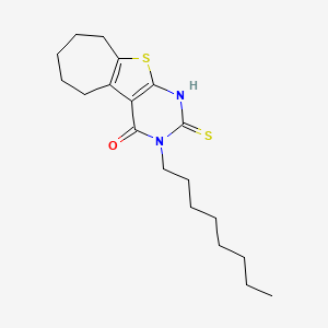molecular formula C19H28N2OS2 B2489474 4-Octyl-5-sulfanyl-8-thia-4,6-diazatricyclo[7.5.0.0^{2,7}]tetradeca-1(9),2(7),5-trien-3-one CAS No. 380437-06-9