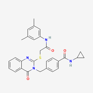 molecular formula C29H28N4O3S B2489487 N-环丙基-4-((2-((2-((3,5-二甲基苯基)氨基)-2-氧代乙基)硫基)-4-氧代喹唑啉-3(4H)-基)甲基)苯田酰胺 CAS No. 1115433-65-2