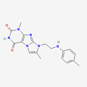 molecular formula C18H20N6O2 B2489540 1,7-二甲基-8-(2-(对甲苯基氨基)乙基)-1H-咪唑并[2,1-f]嘧啶-2,4(3H,8H)-二酮 CAS No. 923128-59-0