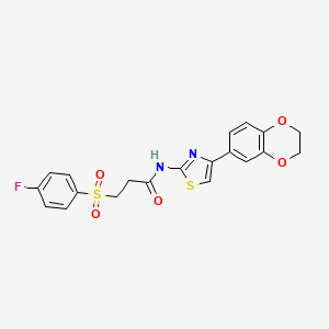 molecular formula C20H17FN2O5S2 B2489545 N-(4-(2,3-二氢苯并[b][1,4]二噁嗪-6-基)噻唑-2-基)-3-((4-氟苯基)磺酰)丙酰胺 CAS No. 895475-65-7