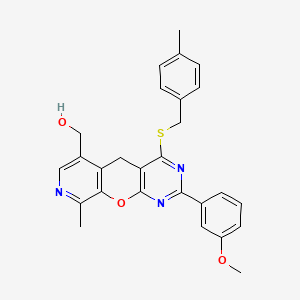 molecular formula C27H25N3O3S B2489556 (2-(3-甲氧基苯基)-9-甲基-4-((4-甲基苯基硫)基)-5H-吡啶并[4',3':5,6]吡喃[2,3-d]嘧啶-6-基)甲醇 CAS No. 892414-78-7