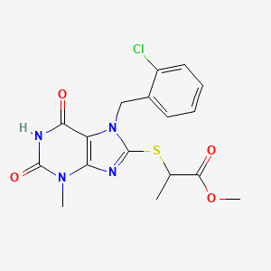 molecular formula C17H17ClN4O4S B2489601 Methyl 2-[7-[(2-chlorophenyl)methyl]-3-methyl-2,6-dioxopurin-8-yl]sulfanylpropanoate CAS No. 371206-30-3
