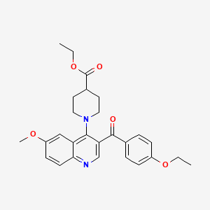molecular formula C27H30N2O5 B2489619 Ethyl 1-[3-(4-ethoxybenzoyl)-6-methoxyquinolin-4-yl]piperidine-4-carboxylate CAS No. 872206-71-8