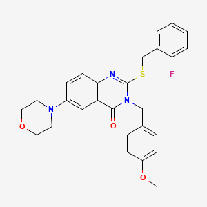 molecular formula C27H26FN3O3S B2489669 2-((2-fluorobenzyl)thio)-3-(4-methoxybenzyl)-6-morpholinoquinazolin-4(3H)-one CAS No. 689771-47-9