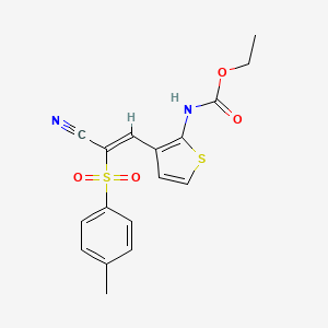 molecular formula C17H16N2O4S2 B2489698 N-(3-(2-nitrilo-2-((4-methylphenyl)sulfonyl)vinyl)(2-thienyl))ethoxyformamide CAS No. 1159976-53-0