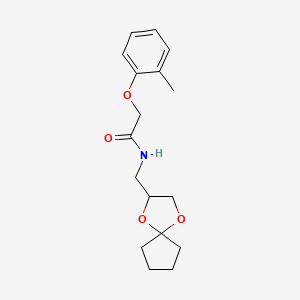 molecular formula C17H23NO4 B2489730 N-(1,4-二氧杂螺[4.4]壬烷-2-基甲基)-2-(邻甲氧基苯氧基)乙酰胺 CAS No. 941870-22-0