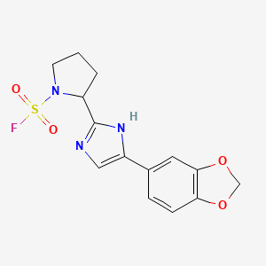 molecular formula C14H14FN3O4S B2489750 2-[5-(1,3-Benzodioxol-5-yl)-1H-imidazol-2-yl]pyrrolidine-1-sulfonyl fluoride CAS No. 2411269-15-1