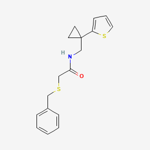 molecular formula C17H19NOS2 B2489761 2-(benzylthio)-N-((1-(thiophen-2-yl)cyclopropyl)methyl)acetamide CAS No. 1209665-62-2