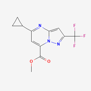 molecular formula C12H10F3N3O2 B2489762 Methyl 5-cyclopropyl-2-(trifluoromethyl)pyrazolo[1,5-a]pyrimidine-7-carboxylate CAS No. 1795503-18-2