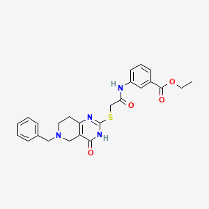 molecular formula C25H26N4O4S B2489767 Ethyl 3-(2-((6-benzyl-4-oxo-3,4,5,6,7,8-hexahydropyrido[4,3-d]pyrimidin-2-yl)thio)acetamido)benzoate CAS No. 1111142-35-8