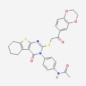 molecular formula C28H25N3O5S2 B2489796 N-[4-[2-[2-(2,3-dihydro-1,4-benzodioxin-6-yl)-2-oxoethyl]sulfanyl-4-oxo-5,6,7,8-tetrahydro-[1]benzothiolo[2,3-d]pyrimidin-3-yl]phenyl]acetamide CAS No. 380340-18-1