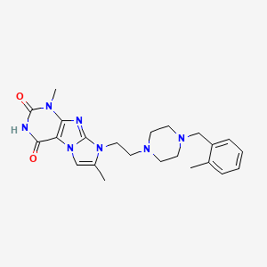 molecular formula C23H29N7O2 B2489816 1,7-dimethyl-8-(2-(4-(2-methylbenzyl)piperazin-1-yl)ethyl)-1H-imidazo[2,1-f]purine-2,4(3H,8H)-dione CAS No. 923166-05-6