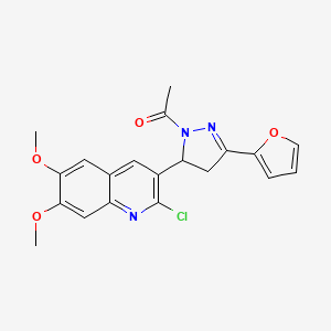 molecular formula C20H18ClN3O4 B2489860 1-[3-(2-Chloro-6,7-dimethoxyquinolin-3-yl)-5-(furan-2-yl)-3,4-dihydropyrazol-2-yl]ethanone CAS No. 867135-97-5