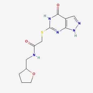 molecular formula C12H15N5O3S B2489873 2-((4-oxo-4,5-dihydro-1H-pyrazolo[3,4-d]pyrimidin-6-yl)thio)-N-((tetrahydrofuran-2-yl)methyl)acetamide CAS No. 877630-20-1