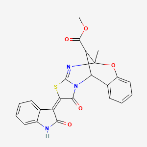 molecular formula C23H17N3O5S B2489887 (E)-methyl 5-methyl-1-oxo-2-(2-oxoindolin-3-ylidene)-1,2,5,11-tetrahydro-5,11-methanobenzo[g]thiazolo[2,3-d][1,3,5]oxadiazocine-13-carboxylate CAS No. 1192741-44-8