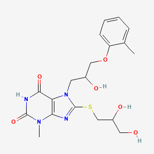 molecular formula C19H24N4O6S B2490011 8-(2,3-Dihydroxypropylsulfanyl)-7-[2-hydroxy-3-(2-methylphenoxy)propyl]-3-methylpurine-2,6-dione CAS No. 392249-23-9