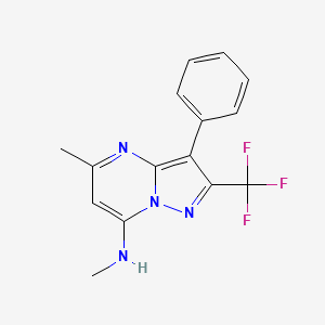 molecular formula C15H13F3N4 B2490030 N,5-dimethyl-3-phenyl-2-(trifluoromethyl)pyrazolo[1,5-a]pyrimidin-7-amine CAS No. 924828-54-6