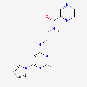 molecular formula C16H17N7O B2490114 N-(2-((2-methyl-6-(1H-pyrrol-1-yl)pyrimidin-4-yl)amino)ethyl)pyrazine-2-carboxamide CAS No. 1421481-33-5