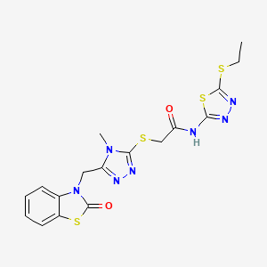 molecular formula C17H17N7O2S4 B2490144 N-(5-(ethylthio)-1,3,4-thiadiazol-2-yl)-2-((4-methyl-5-((2-oxobenzo[d]thiazol-3(2H)-yl)methyl)-4H-1,2,4-triazol-3-yl)thio)acetamide CAS No. 847400-74-2