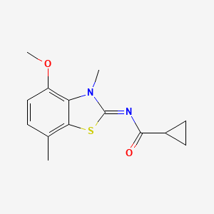 molecular formula C14H16N2O2S B2490147 N-(4-methoxy-3,7-dimethyl-1,3-benzothiazol-2-ylidene)cyclopropanecarboxamide CAS No. 868370-08-5