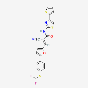 molecular formula C22H13F2N3O2S3 B2490156 (E)-2-cyano-3-[5-[4-(difluoromethylsulfanyl)phenyl]furan-2-yl]-N-(4-thiophen-2-yl-1,3-thiazol-2-yl)prop-2-enamide CAS No. 717119-06-7