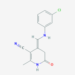 molecular formula C14H12ClN3O B2490172 4-[(3-Chloroanilino)methylene]-2-methyl-6-oxo-1,4,5,6-tetrahydro-3-pyridinecarbonitrile CAS No. 338415-20-6