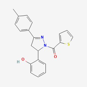 molecular formula C21H18N2O2S B2490217 [3-(2-Hydroxyphenyl)-5-(4-methylphenyl)-3,4-dihydropyrazol-2-yl]-thiophen-2-ylmethanone CAS No. 868155-48-0