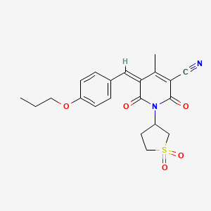 molecular formula C21H22N2O5S B2490239 (5Z)-1-(1,1-二氧硫杂环戊烷-3-基)-4-甲基-2,6-二氧杂-5-[(4-丙氧基苯基)甲亚甲基]吡啶-3-羧腈 CAS No. 877785-25-6