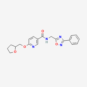 molecular formula C20H20N4O4 B2490241 N-((3-phenyl-1,2,4-oxadiazol-5-yl)methyl)-6-((tetrahydrofuran-2-yl)methoxy)nicotinamide CAS No. 2034388-22-0