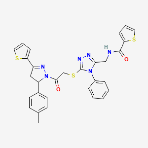 molecular formula C30H26N6O2S3 B2490257 N-[[5-[2-[3-(4-methylphenyl)-5-thiophen-2-yl-3,4-dihydropyrazol-2-yl]-2-oxoethyl]sulfanyl-4-phenyl-1,2,4-triazol-3-yl]methyl]thiophene-2-carboxamide CAS No. 362507-47-9