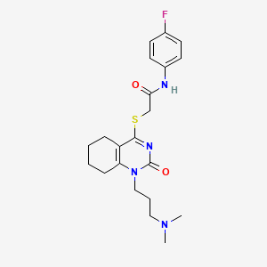 molecular formula C21H27FN4O2S B2490304 2-((1-(3-(dimethylamino)propyl)-2-oxo-1,2,5,6,7,8-hexahydroquinazolin-4-yl)thio)-N-(4-fluorophenyl)acetamide CAS No. 941979-75-5