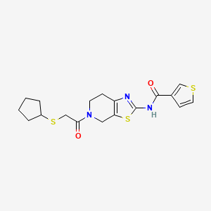 molecular formula C18H21N3O2S3 B2490310 N-(5-(2-(cyclopentylthio)acetyl)-4,5,6,7-tetrahydrothiazolo[5,4-c]pyridin-2-yl)thiophene-3-carboxamide CAS No. 1448047-26-4