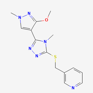 molecular formula C14H16N6OS B2490343 3-(((5-(3-methoxy-1-methyl-1H-pyrazol-4-yl)-4-methyl-4H-1,2,4-triazol-3-yl)thio)methyl)pyridine CAS No. 1014073-76-7