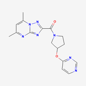 molecular formula C16H17N7O2 B2490353 (5,7-Dimethyl-[1,2,4]triazolo[1,5-a]pyrimidin-2-yl)(3-(pyrimidin-4-yloxy)pyrrolidin-1-yl)methanone CAS No. 2034572-29-5