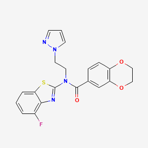 molecular formula C21H17FN4O3S B2490369 N-(2-(1H-pyrazol-1-yl)ethyl)-N-(4-fluorobenzo[d]thiazol-2-yl)-2,3-dihydrobenzo[b][1,4]dioxine-6-carboxamide CAS No. 1171945-06-4