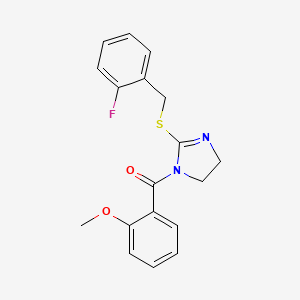 molecular formula C18H17FN2O2S B2490383 [2-[(2-Fluorophenyl)methylsulfanyl]-4,5-dihydroimidazol-1-yl]-(2-methoxyphenyl)methanone CAS No. 851806-75-2