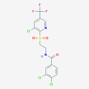 molecular formula C15H10Cl3F3N2O3S B2490398 3,4-dichloro-N-(2-{[3-chloro-5-(trifluoromethyl)pyridin-2-yl]sulfonyl}ethyl)benzamide CAS No. 2061725-62-8