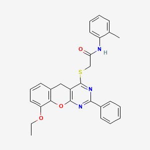 molecular formula C28H25N3O3S B2490411 2-((9-ethoxy-2-phenyl-5H-chromeno[2,3-d]pyrimidin-4-yl)thio)-N-(o-tolyl)acetamide CAS No. 866348-84-7