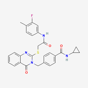 molecular formula C28H25FN4O3S B2490416 N-cyclopropyl-4-((2-((2-((3-fluoro-4-methylphenyl)amino)-2-oxoethyl)thio)-4-oxoquinazolin-3(4H)-yl)methyl)benzamide CAS No. 1115549-65-9