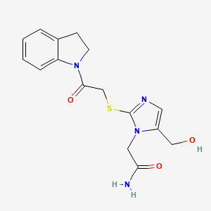 molecular formula C16H18N4O3S B2490426 2-(5-(hydroxymethyl)-2-((2-(indolin-1-yl)-2-oxoethyl)thio)-1H-imidazol-1-yl)acetamide CAS No. 921845-81-0