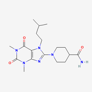 molecular formula C18H28N6O3 B2490427 1-(7-isopentyl-1,3-dimethyl-2,6-dioxo-2,3,6,7-tetrahydro-1H-purin-8-yl)piperidine-4-carboxamide CAS No. 587005-92-3