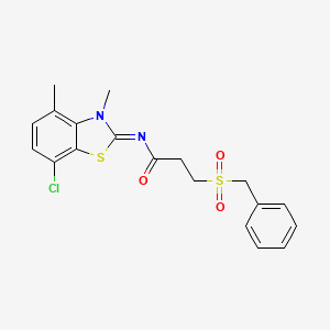 molecular formula C19H19ClN2O3S2 B2490442 (E)-3-(苄基磺酰)-N-(7-氯-3,4-二甲基苯并[d]噻唑-2(3H)-基亚甲基)丙酰胺 CAS No. 1007065-40-8