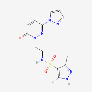 molecular formula C14H17N7O3S B2490472 3,5-二甲基-N-(2-(6-氧代-3-(1H-吡唑-1-基)吡啉并[6H]-1-基)乙基)-1H-吡唑-4-磺酰胺 CAS No. 1351587-69-3