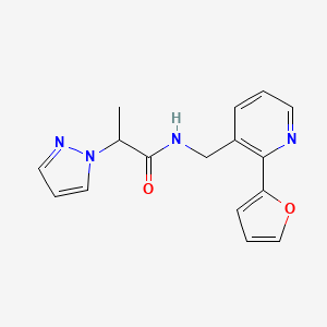 molecular formula C16H16N4O2 B2490564 N-((2-(呋喃-2-基)吡啶-3-基)甲基)-2-(1H-吡唑-1-基)丙酰胺 CAS No. 2034268-83-0